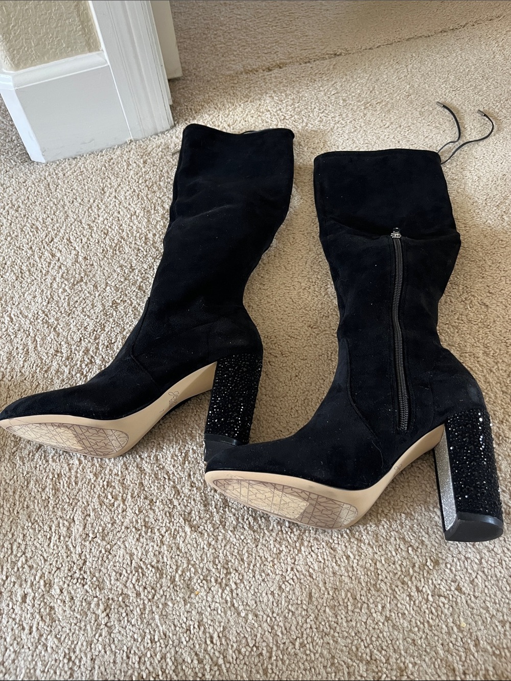 Black Suede Knee-High Block Heel Boots never worn